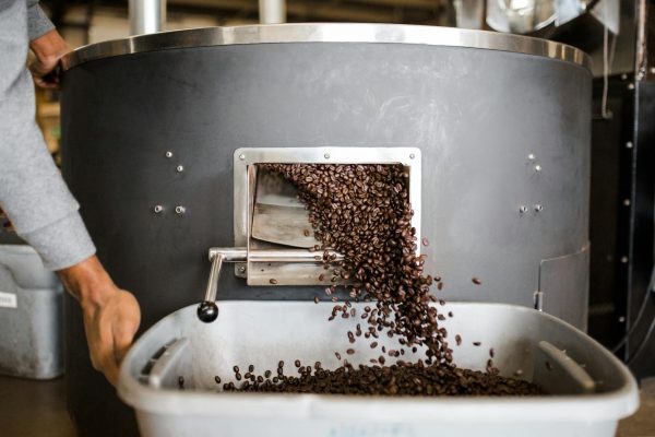 Close-up of coffee beans being poured from a roasting machine into a container during the coffee roasting process.