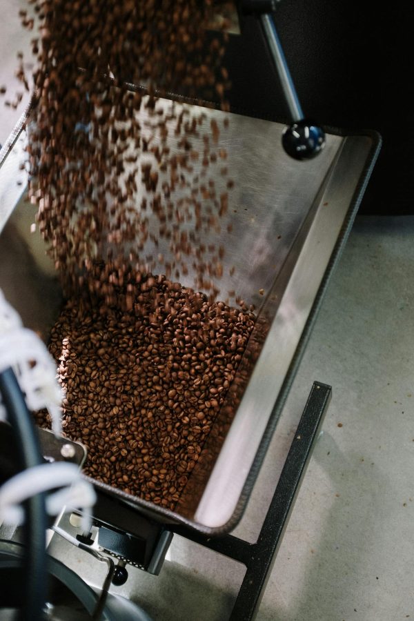 Close-up of coffee beans being poured into a roasting machine, showcasing industrial coffee production.